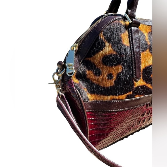 Brahmin Hudson Satchel Leopard Calf Hair Wine Granada Rare Read - Picture 3 of 16